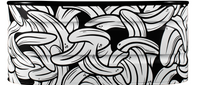 A black and white barrel decorated with a playful pattern of overlapping, cartoon-style banana illustrations.