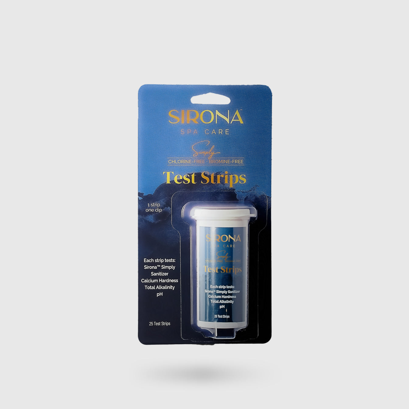 Sirona Test Strips come in blue and gold packaging with a small container inside. Designed for Sirona Simply Sanitizer and pH balance, these strips help maintain your spa’s water quality.