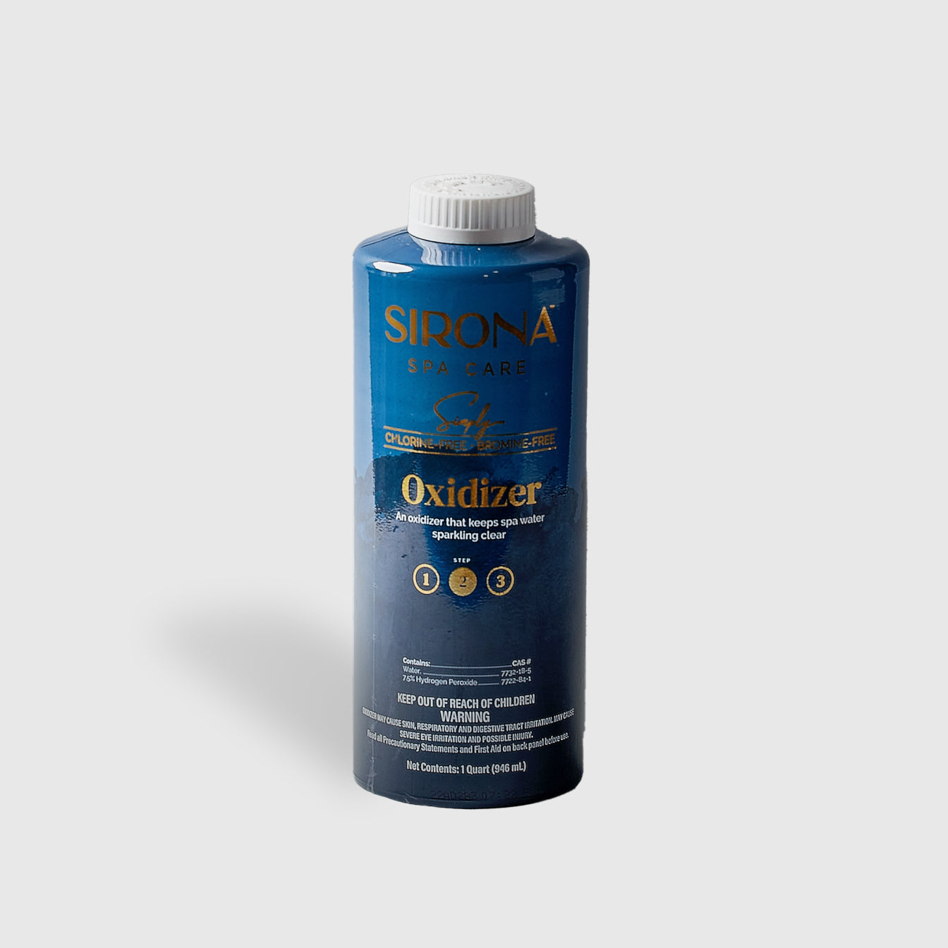 A blue plastic bottle labeled “Sirona Oxidizer” with a white cap, designed for chlorine-free spa water treatment using hydrogen peroxide. The upright bottle has white and gold text and instructions, shown against a plain gray background.