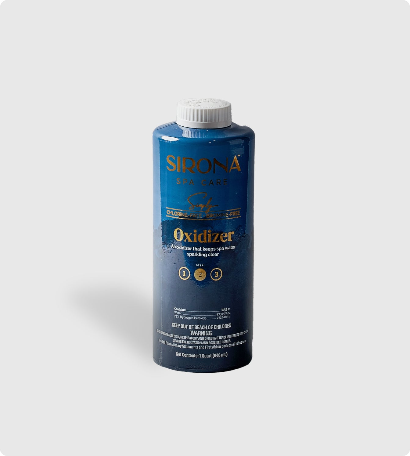 A blue plastic bottle labeled “Sirona Oxidizer” with a white cap, designed for chlorine-free spa water treatment using hydrogen peroxide. The upright bottle has white and gold text and instructions, shown against a plain gray background.