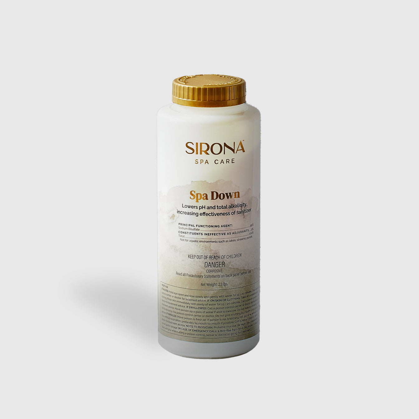 A white bottle of Sirona pH Down, a spa water pH reducer, featuring a gold cap and gold-black label accents, displayed against a plain light gray background.