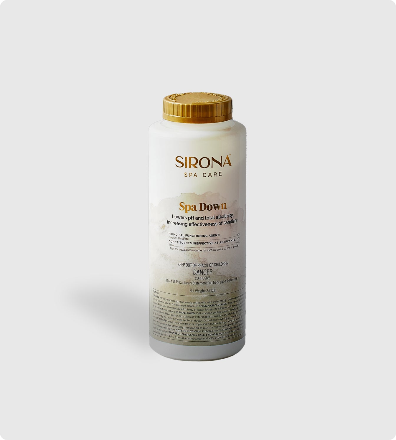 A white bottle of Sirona pH Down, a spa water pH reducer, featuring a gold cap and gold-black label accents, displayed against a plain light gray background.