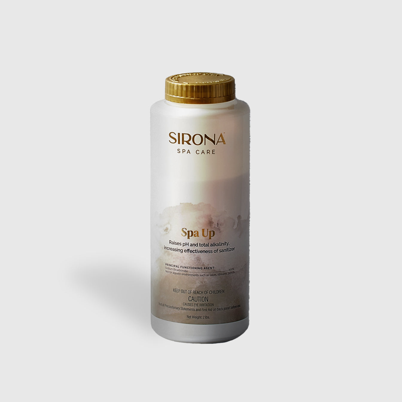 A white plastic bottle with a gold cap labeled Sirona pH Up, this spa pH increaser raises alkalinity in spa water. The label provides usage instructions and safety warnings for effective and safe spa water treatment.