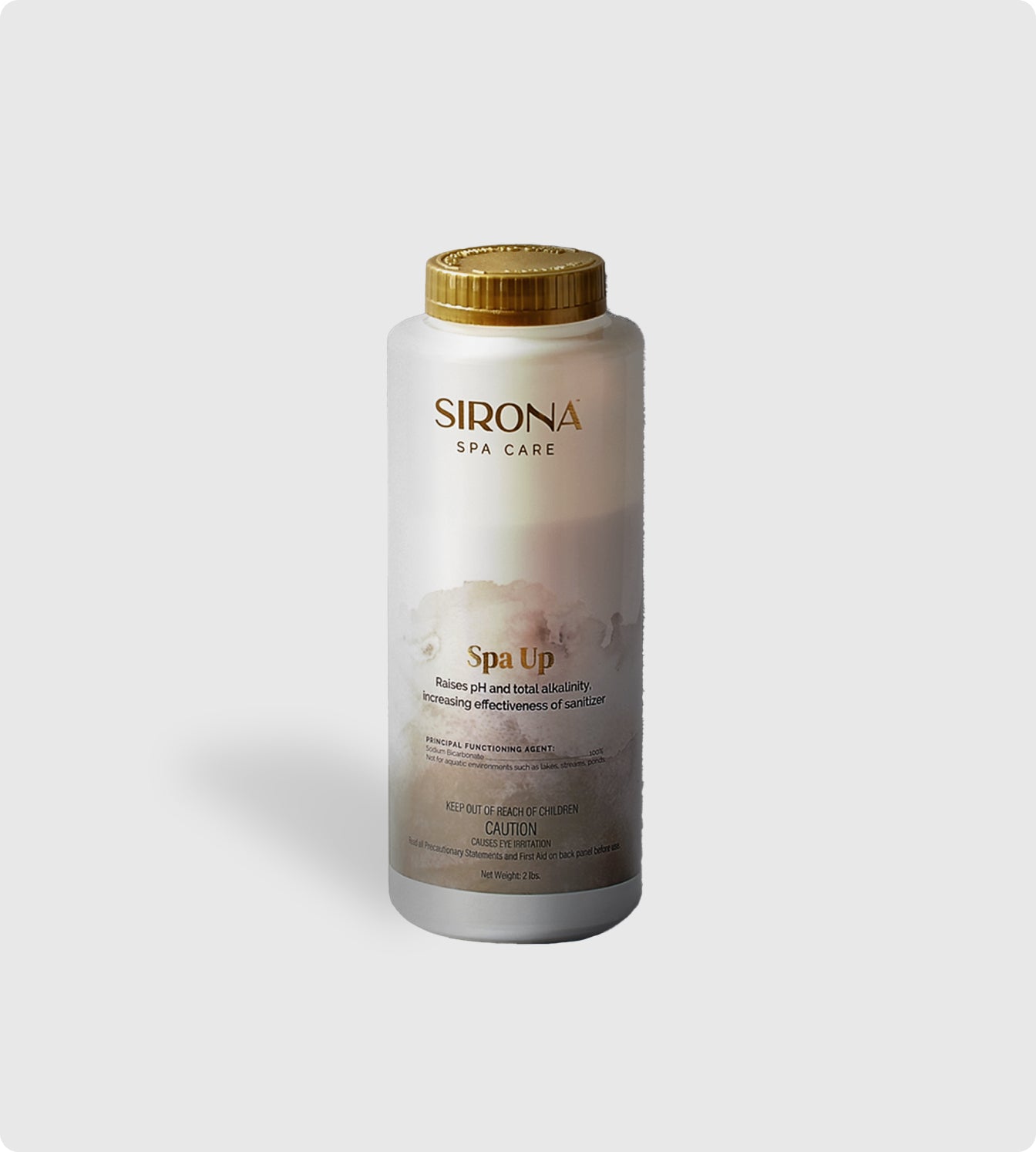 A white plastic bottle with a gold cap labeled Sirona pH Up, this spa pH increaser raises alkalinity in spa water. The label provides usage instructions and safety warnings for effective and safe spa water treatment.