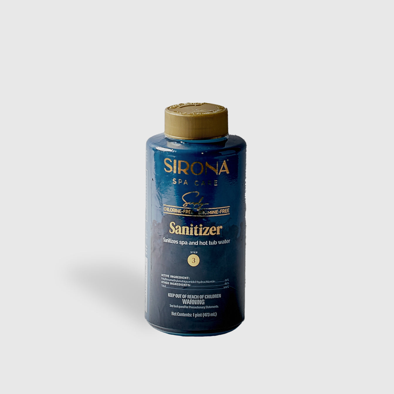 A blue bottle of Sirona Sanitizer with a gold cap, labeled chlorine-free and bromine-free, formulated for effective bacteria control and sanitizing spa and hot tub water.