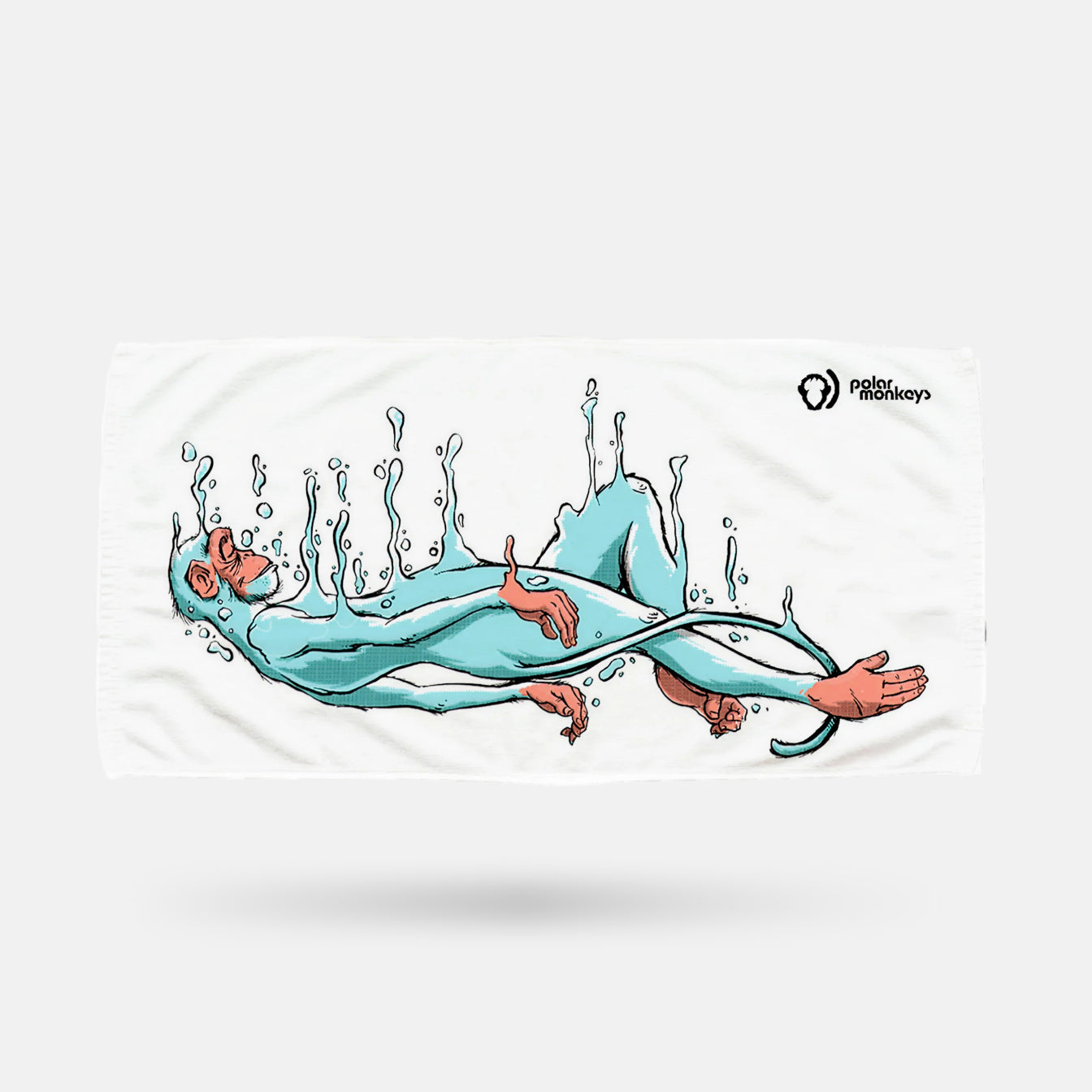 The Polar Monkeys Towel is super absorbent and showcases an illustrated blue monkey relaxing in water, with splashes around it and the Polar Monkeys logo in the top right corner.