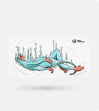 The Polar Monkeys Towel is super absorbent and showcases an illustrated blue monkey relaxing in water, with splashes around it and the Polar Monkeys logo in the top right corner.