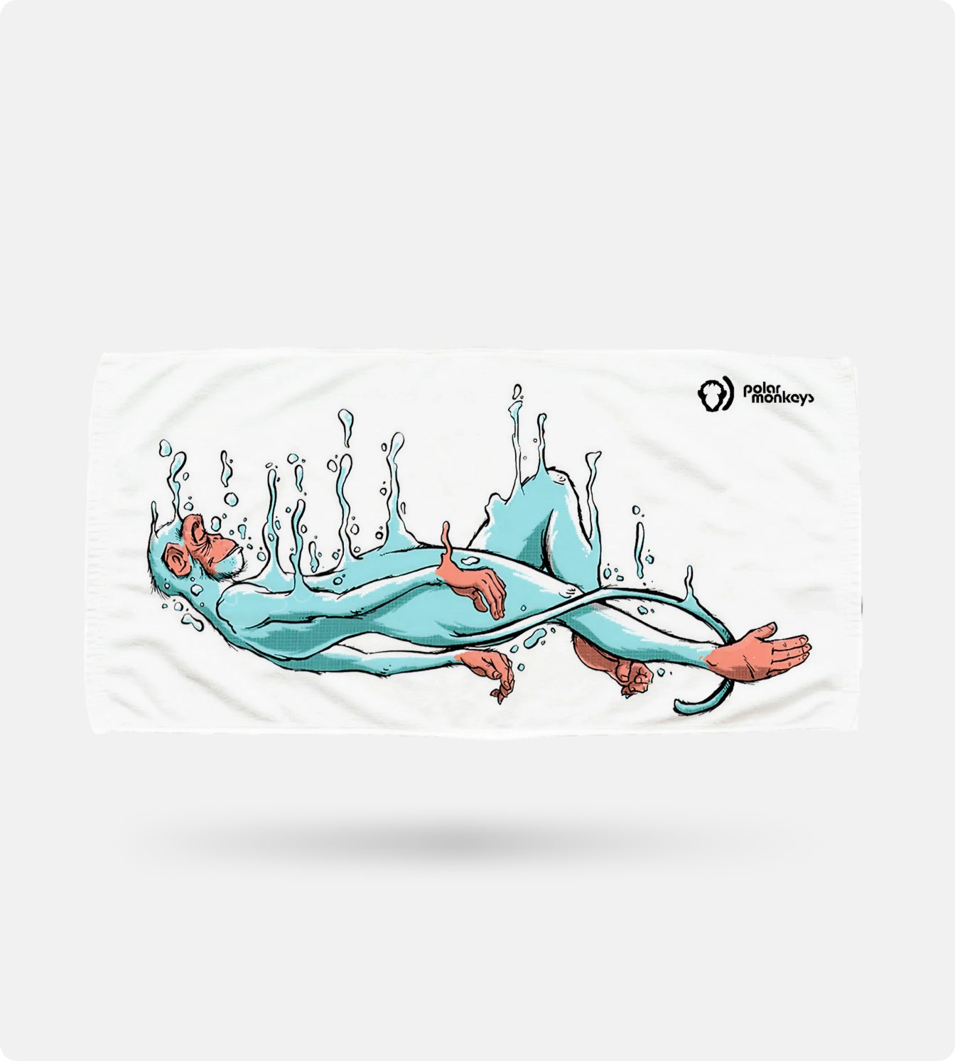 The Polar Monkeys Towel is super absorbent and showcases an illustrated blue monkey relaxing in water, with splashes around it and the Polar Monkeys logo in the top right corner.