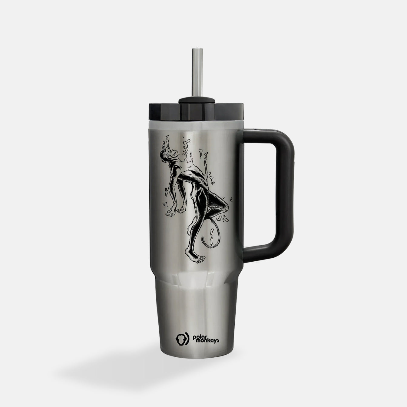 The Polar Monkeys Tumbler is a silver stainless steel tumbler with a black handle and straw, featuring an abstract female figure with plant elements and a small Plastics Pollution Coalition logo near the base.