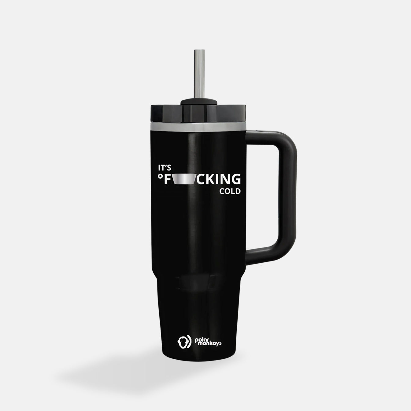 A large 40oz black Polar Monkeys Tumbler with a handle and silver straw, featuring "ITS F**KING COLD" (partially censored) on the mug and the Polar Monkeys logo at the bottom.