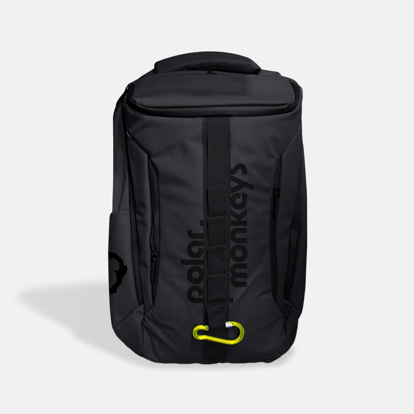 The Vault Backpack is a black everyday backpack with "polar monkeys" in dark vertical letters, a yellow carabiner on the front strap, shown against a light gray background.
