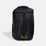 The Vault Backpack is a black everyday backpack with "polar monkeys" in dark vertical letters, a yellow carabiner on the front strap, shown against a light gray background.