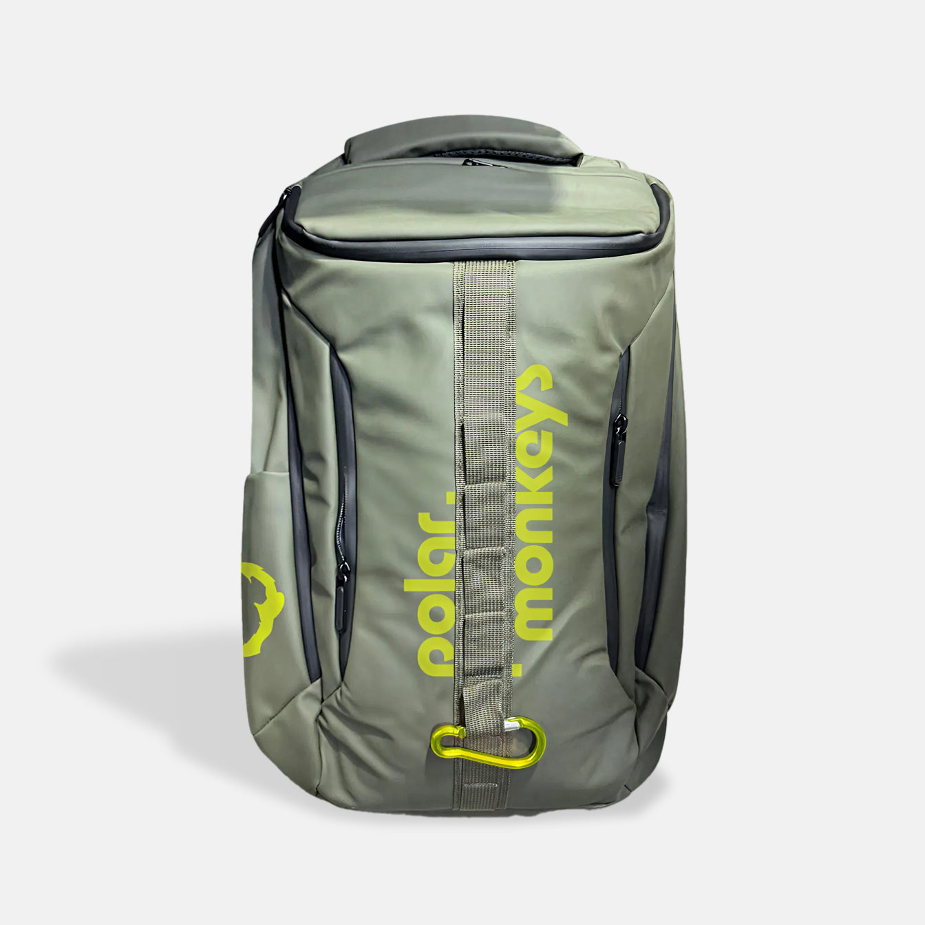 The Vault Backpack is a gray ergonomic bag with yellow polar. monkeys text and logo, multiple zippered compartments, a top handle, and a front strap featuring a yellow carabiner.