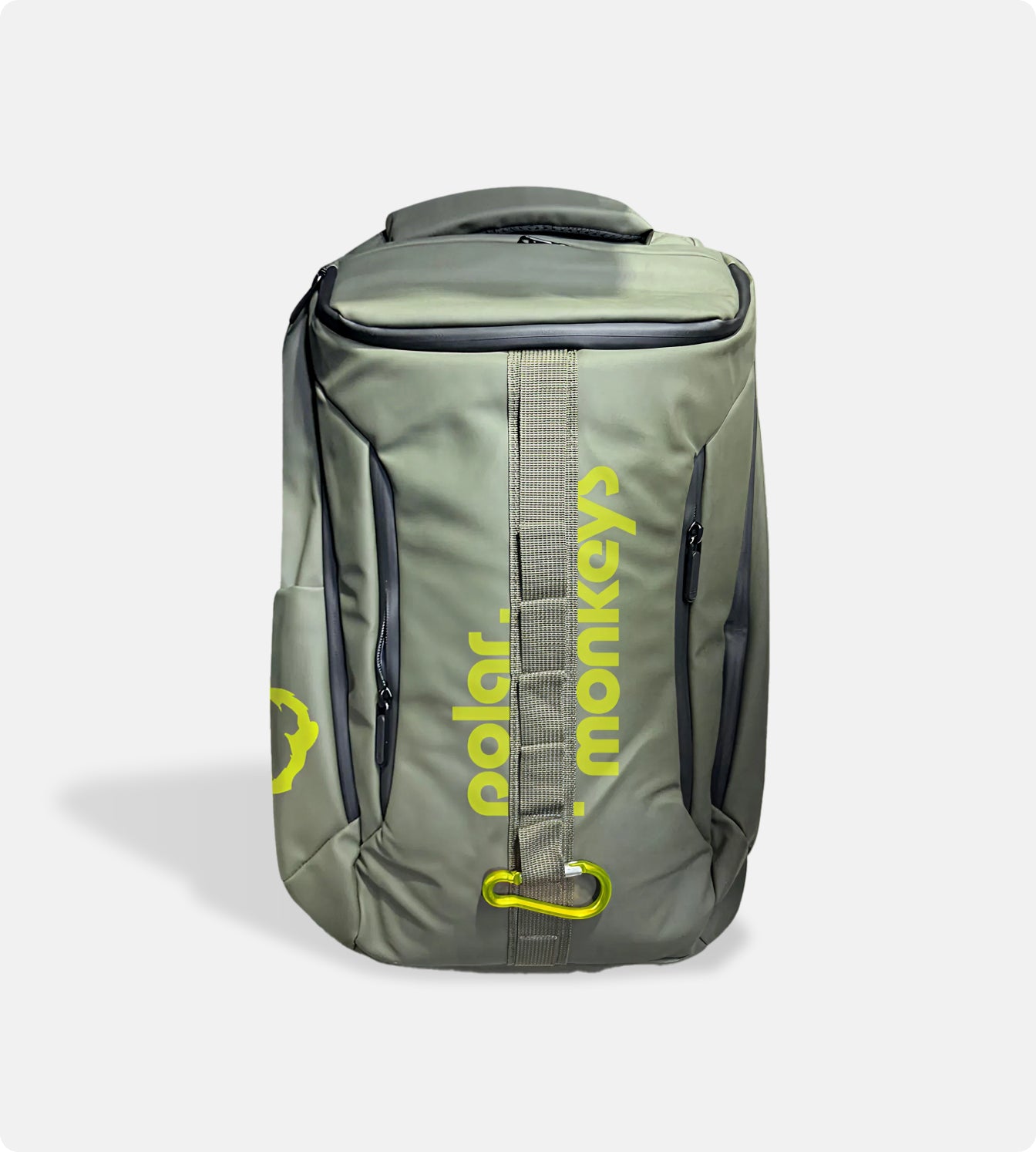 The Vault Backpack is a gray ergonomic bag with yellow polar. monkeys text and logo, multiple zippered compartments, a top handle, and a front strap featuring a yellow carabiner.