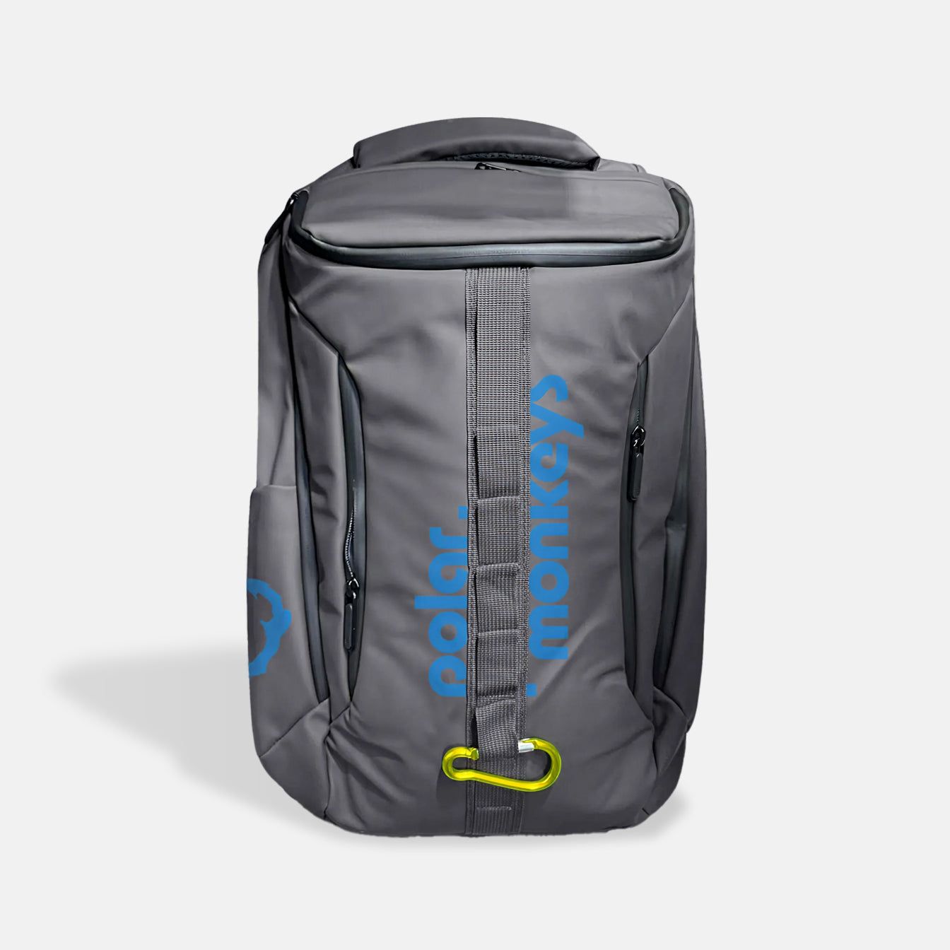 The Vault Backpack is a sleek gray all-weather bag with "polar monkeys" in blue vertically on the front, multiple zippers, a top handle, and a yellow carabiner attached to the front strap.