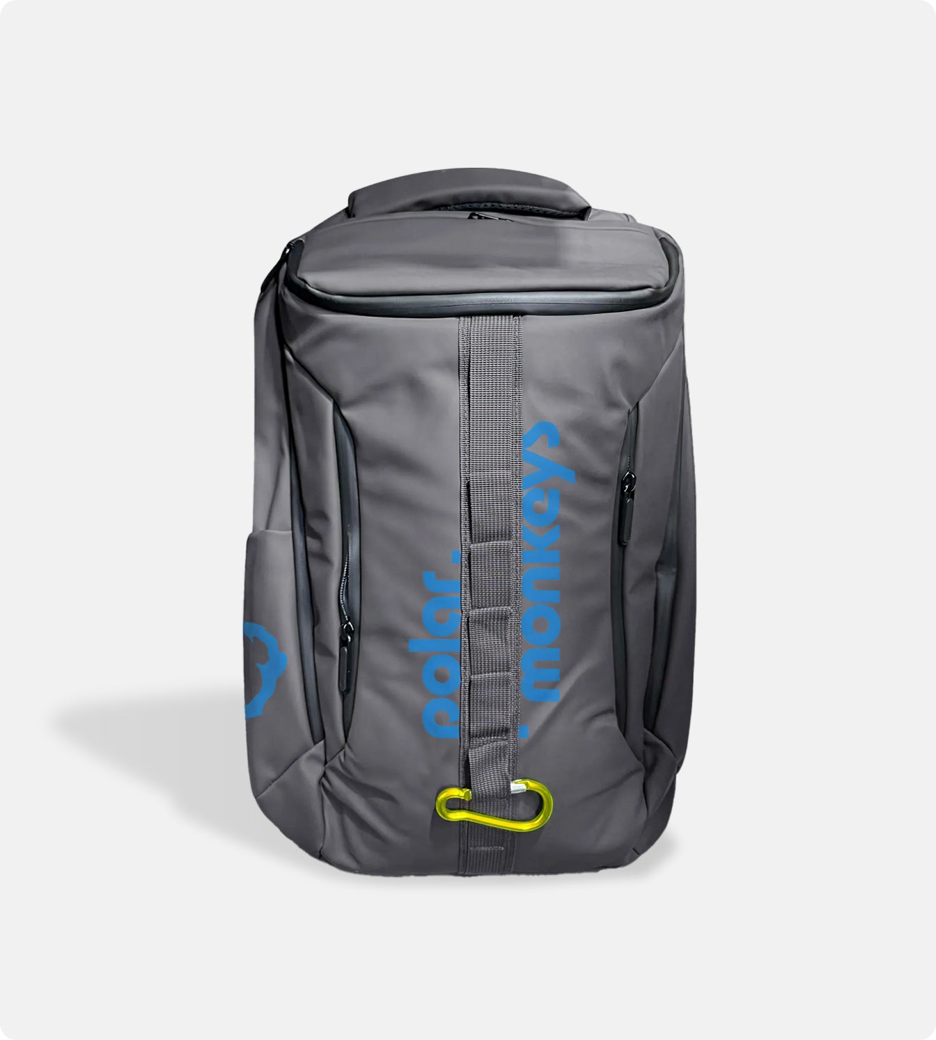 The Vault Backpack is a sleek gray all-weather bag with "polar monkeys" in blue vertically on the front, multiple zippers, a top handle, and a yellow carabiner attached to the front strap.